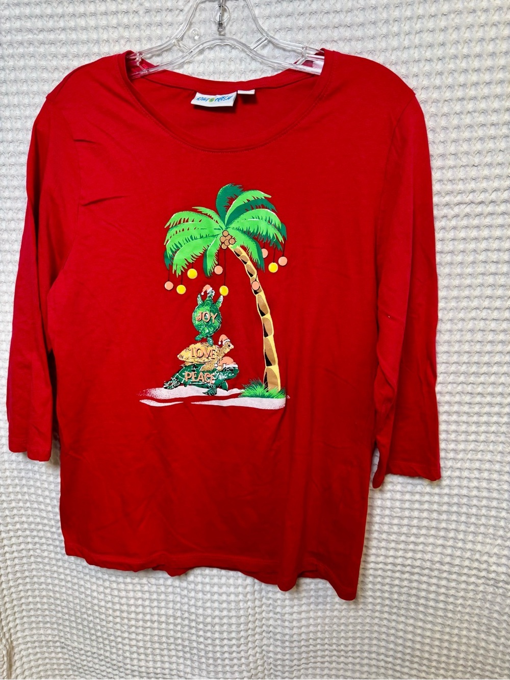 Women’s Red Palm Tree Graphic 3/4 Length Sleeve. Tropical Christmas Shirt